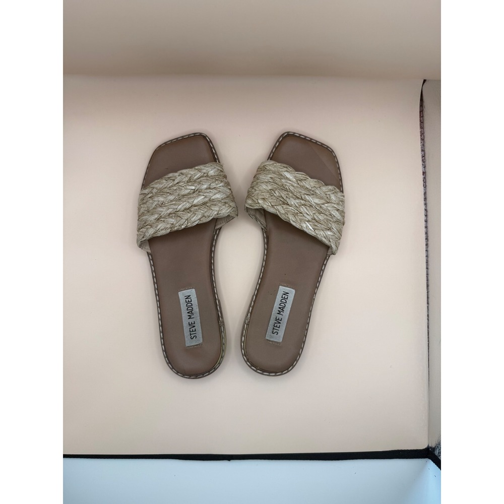 Steve Madden Sandra Tan Braided Raffia Square Toe Slide Sandal 6 SAND24S1